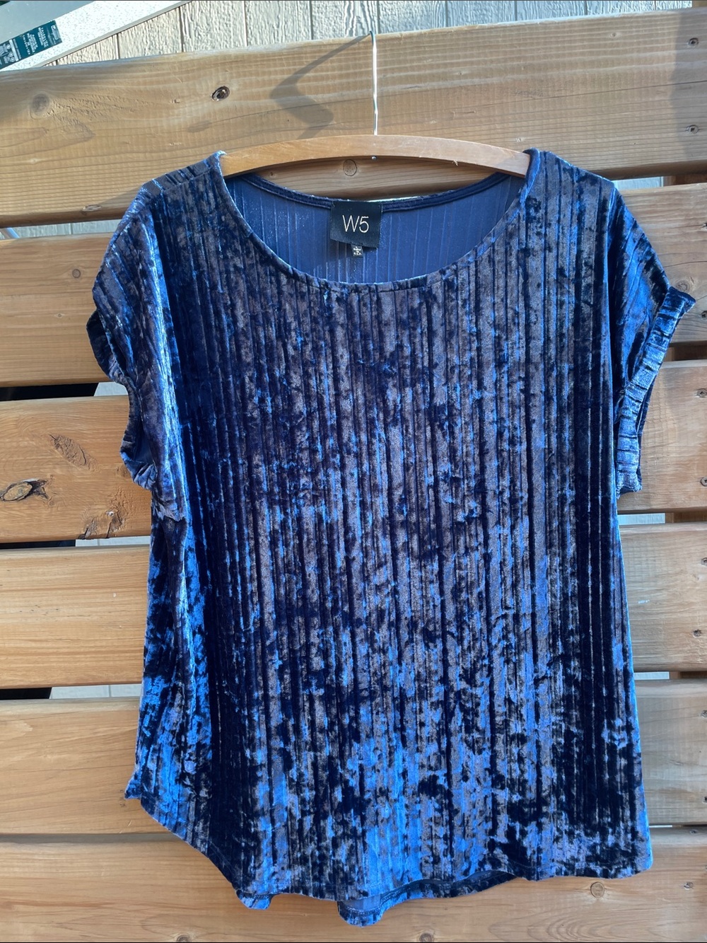 W5 Blue Pleated Crushed Velvet Short Sleeve Top